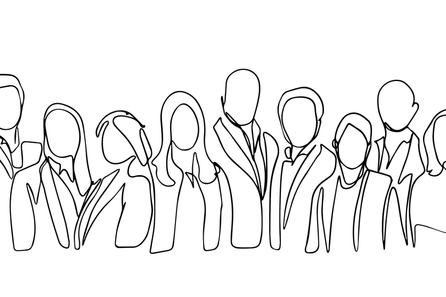 Mange mennesker på rad, tegning