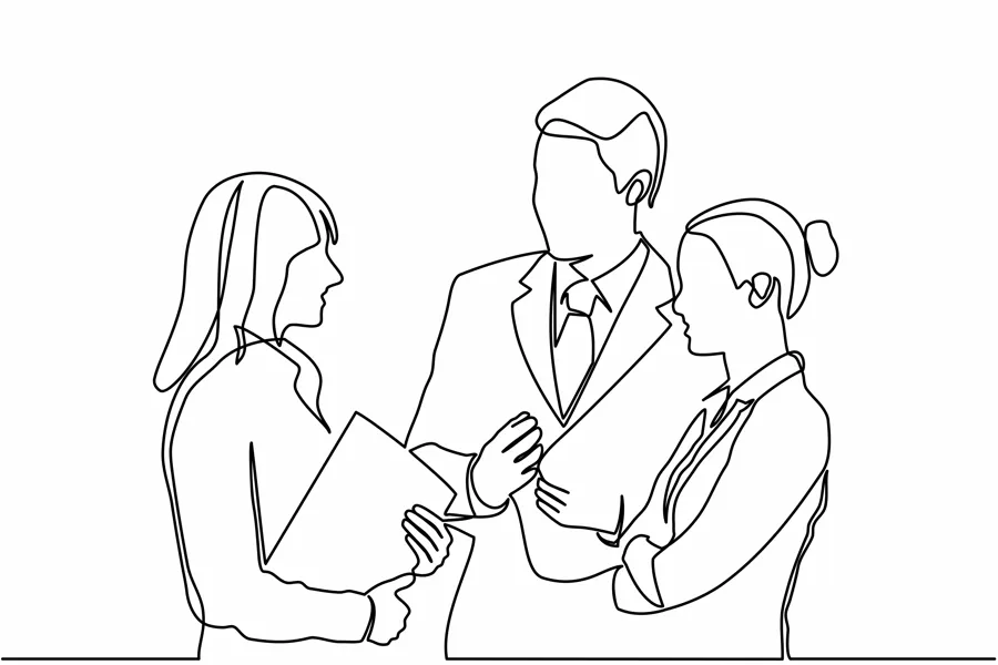 En tegning av tre personer som snakker sammen