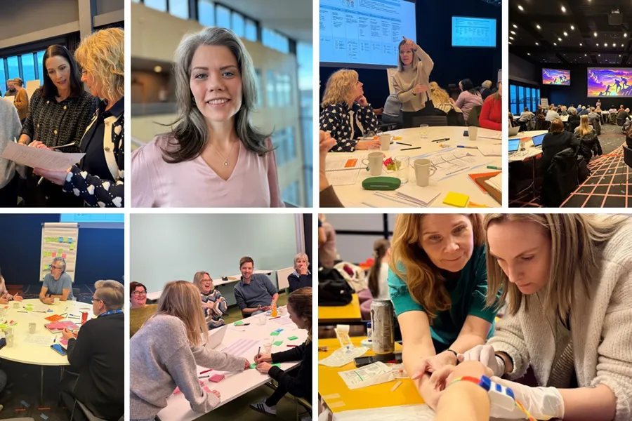 A collage of a person sitting at a table with a group of people around the