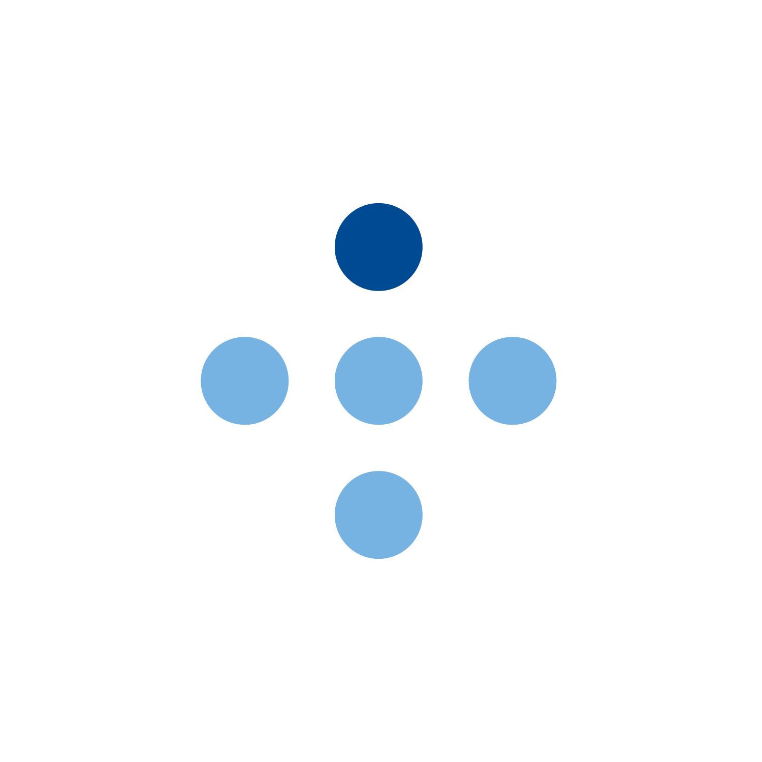 Ikon logoelement Helse Nord:  fem prikker i et kryss, der den øverste er mørkeblå og de andre er lyseblå.