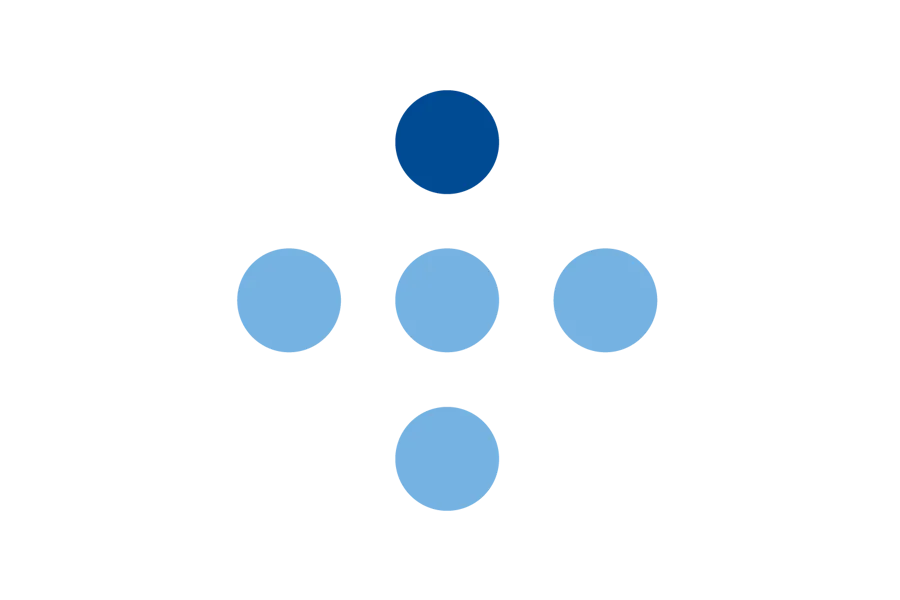 Ikon logoelement Helse Nord: fem prikker i et kryss, der den øverste er mørkeblå og de andre er lyseblå.