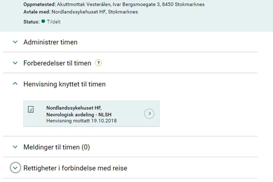 Skjermbilde av hvordan timen kan vises på helsenorge.no for pasienten.