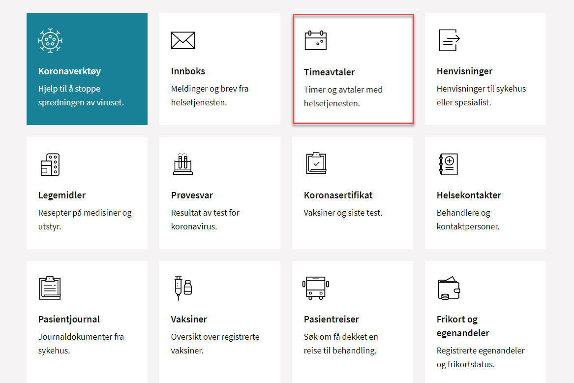 Timeavtaler på helsenorge.no (skjermbilde)