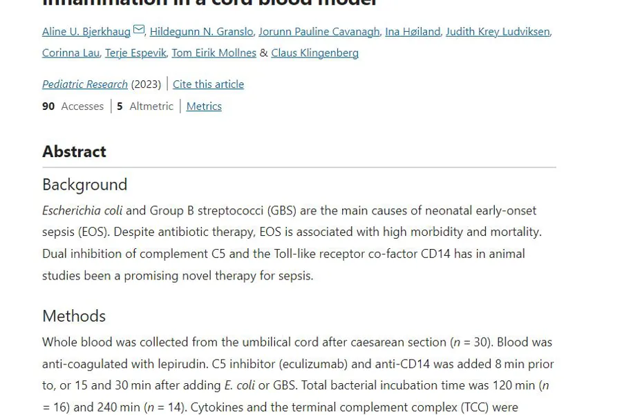 Bilde av artikkelen publisert i Pediatric Research