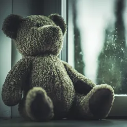 A teddy bear sits in a window