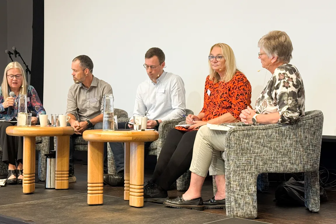 Fem mennesker på en scene sittende i stoler
