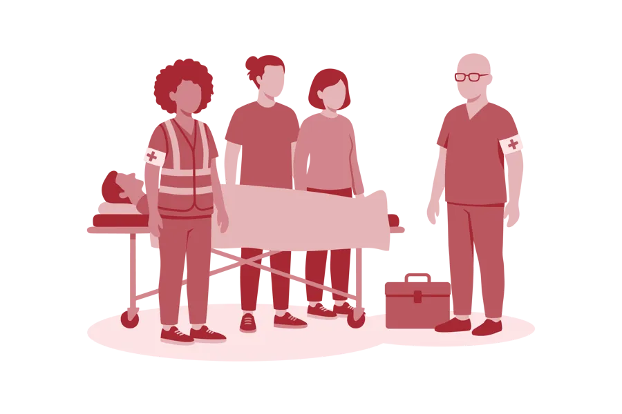 En gruppe mennesker i arbeidsklær ambulanse