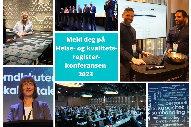 Personer på konferanse, plakat som oppfordrer til påmelding