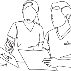 Kvinne og mann helsepersonell holder i papirer og diskuterer - strektegning