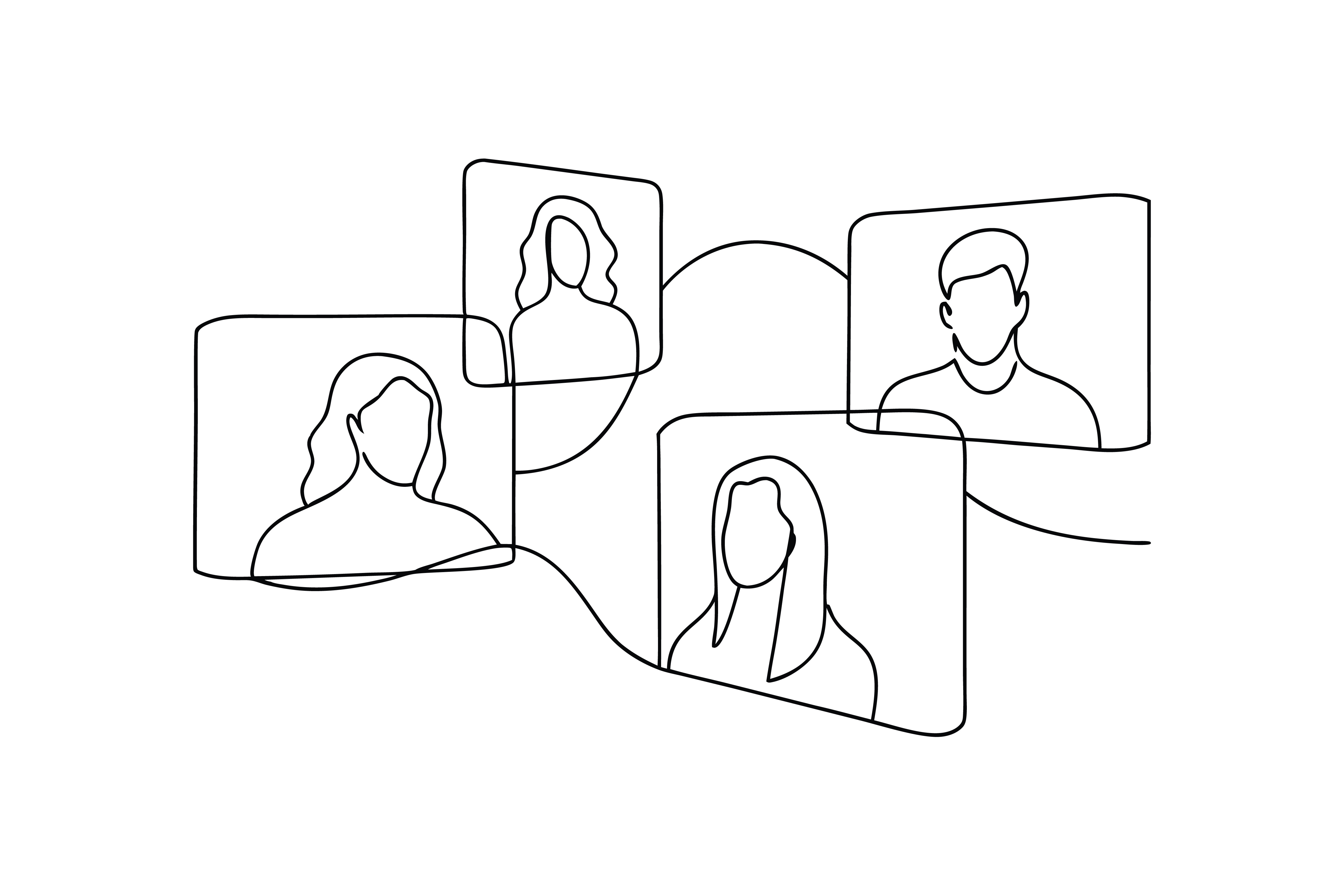 Fire personer på ulike skjermer som er koblet sammen