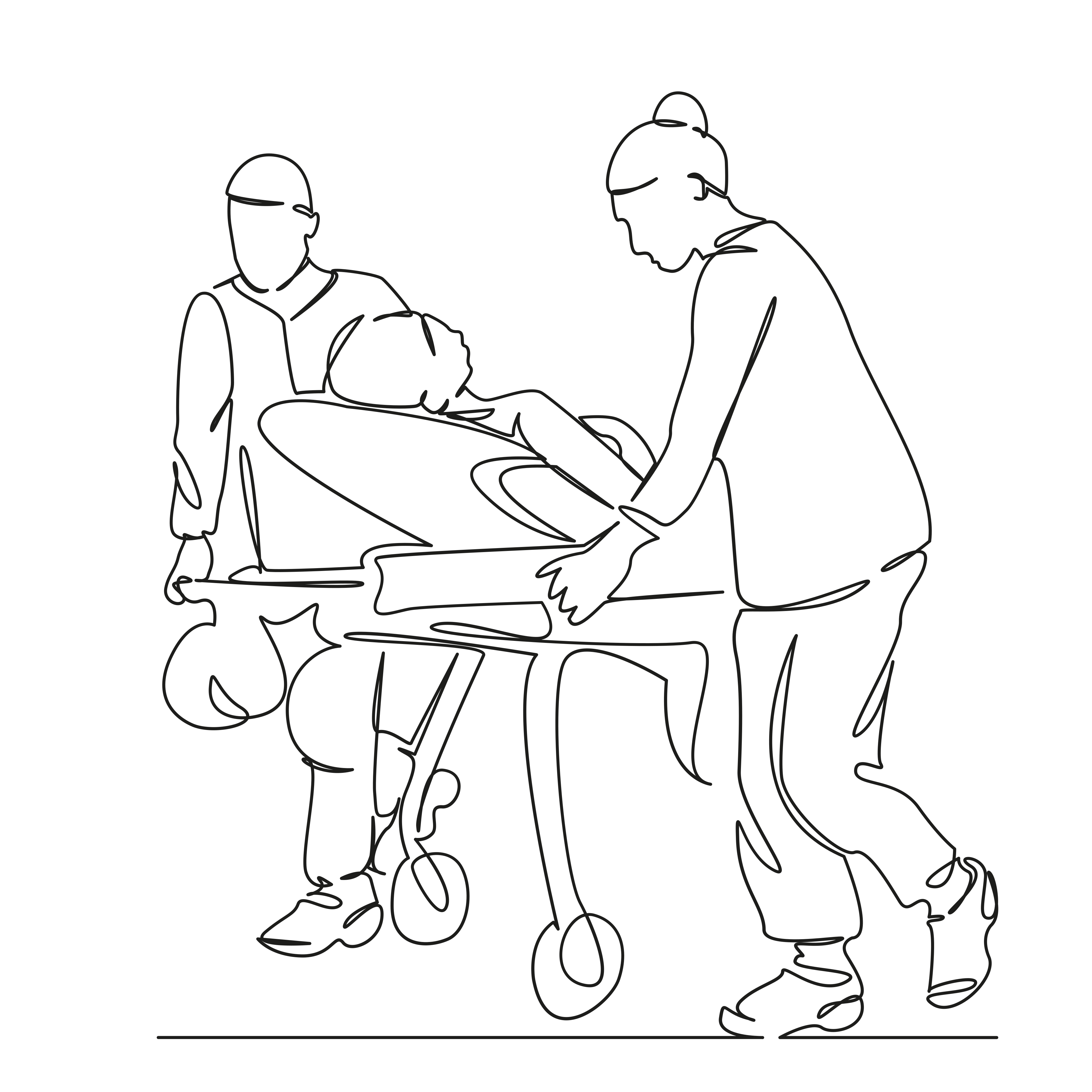 Person på båre, helsepersonell rundt - strektegning