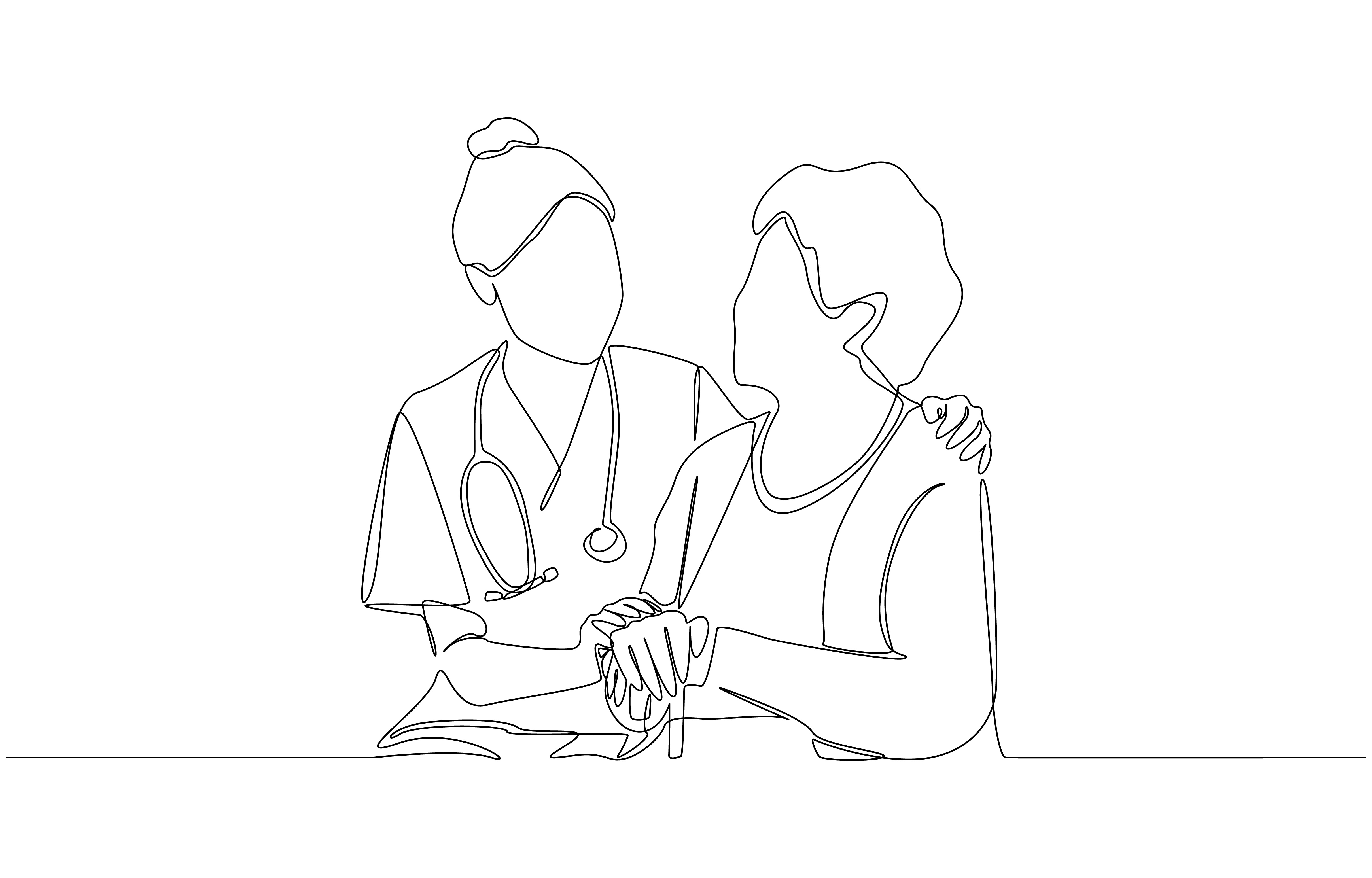 Sykepleier og en eldre kvinnelig pasient - strektegning