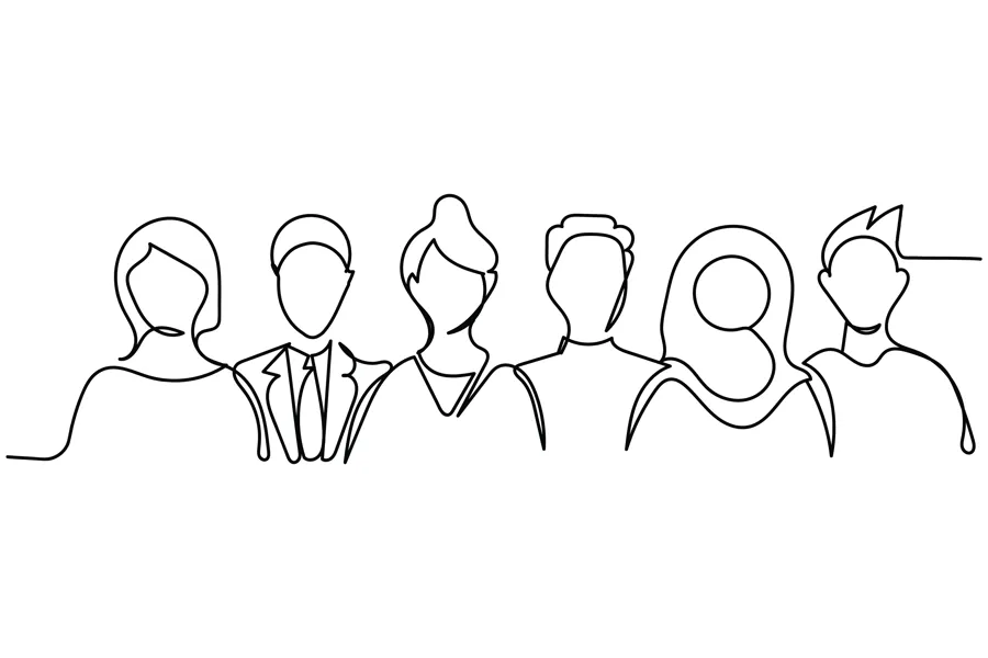 Flere ulike personer på rekke - strektegning