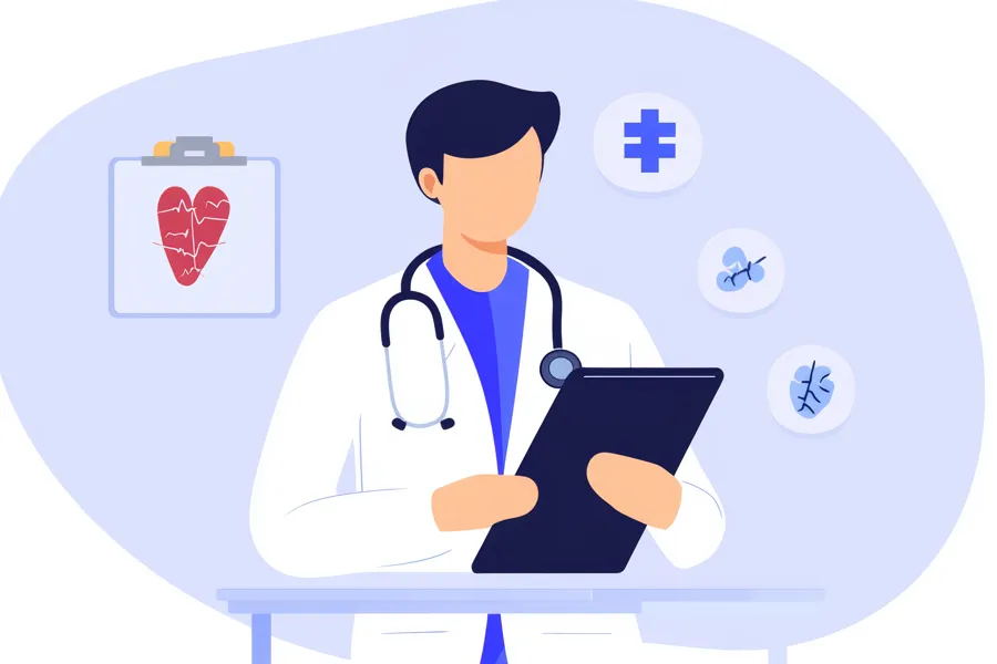 illustrasjon, lege ser på journaldokumenter