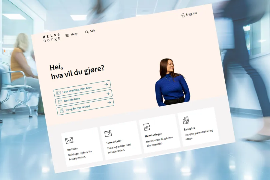 bilde fra venterom, med en innfelt skjermdump av noen av tjenestene som er tilgjengelig på Helsenorge