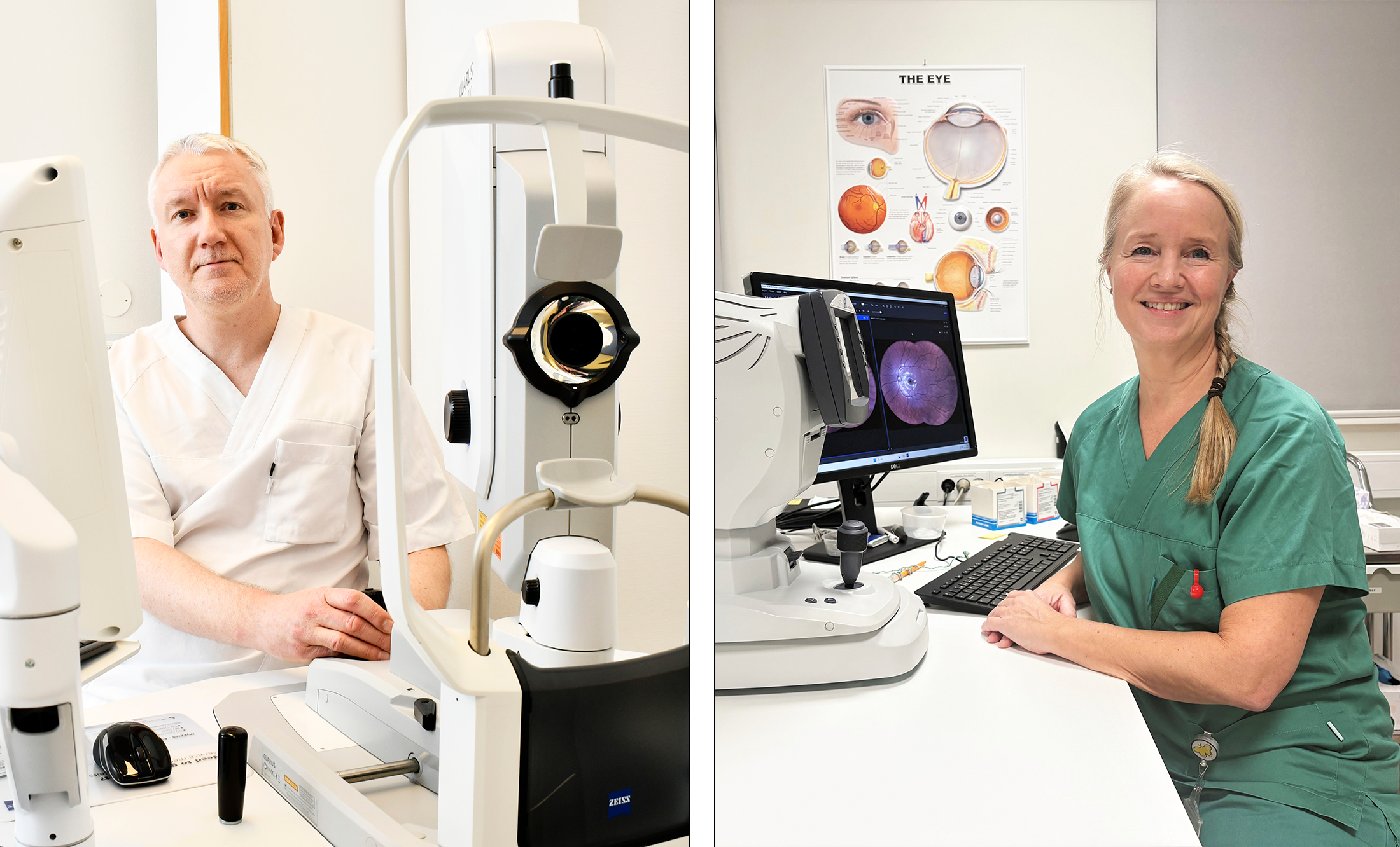 En mann og en kvinne, to ulike bilder satt sammen, begge med maskiner for øyeundersøkelse