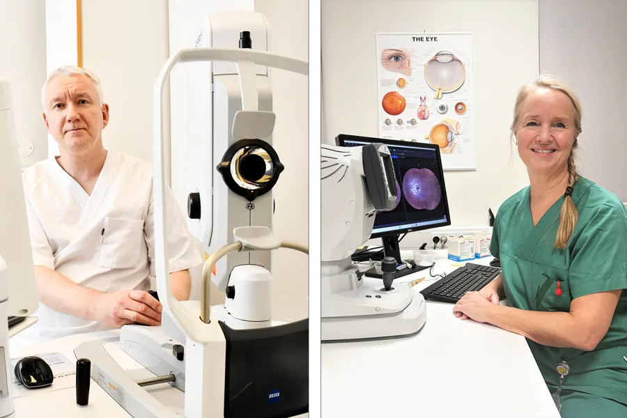 En mann og en kvinne, to ulike bilder satt sammen, begge med maskiner for øyeundersøkelse